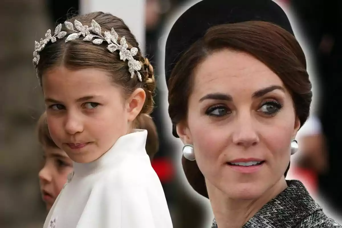 A girl with a silver leaf headband and a woman with large pearl earrings, both looking in opposite directions. A girl with a silver leaf headband and a woman with large pearl earrings, both looking in opposite directions.