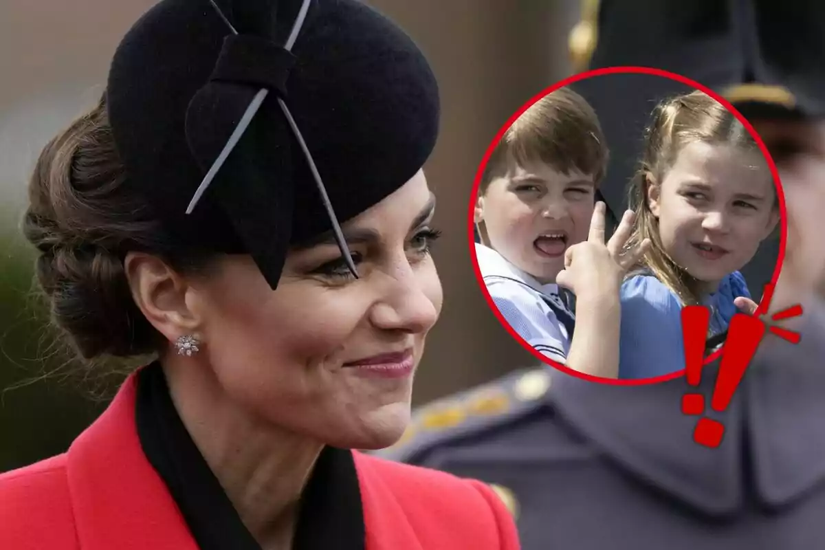 A woman in a black hat smiles while two children making funny faces are seen in a frame.