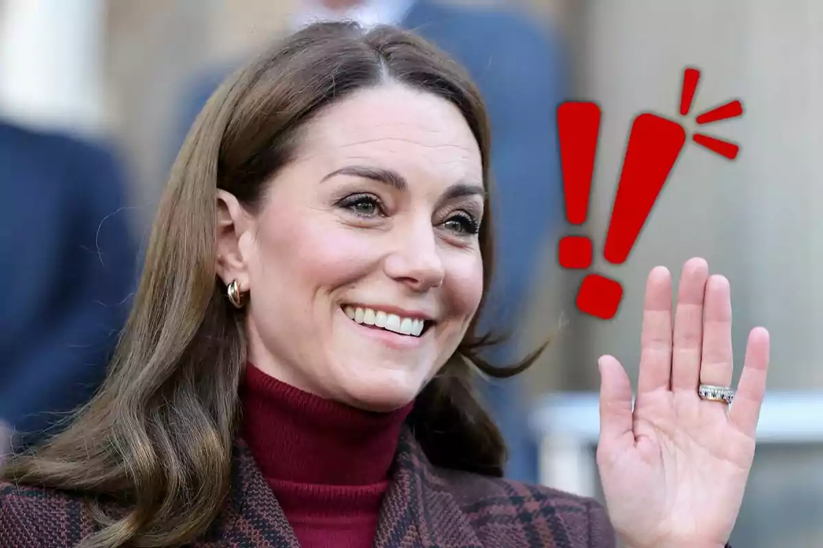 A smiling person with loose brown hair, wearing a burgundy sweater and a plaid coat, raises their hand in a greeting gesture; next to them is a graphic of red exclamation marks.
