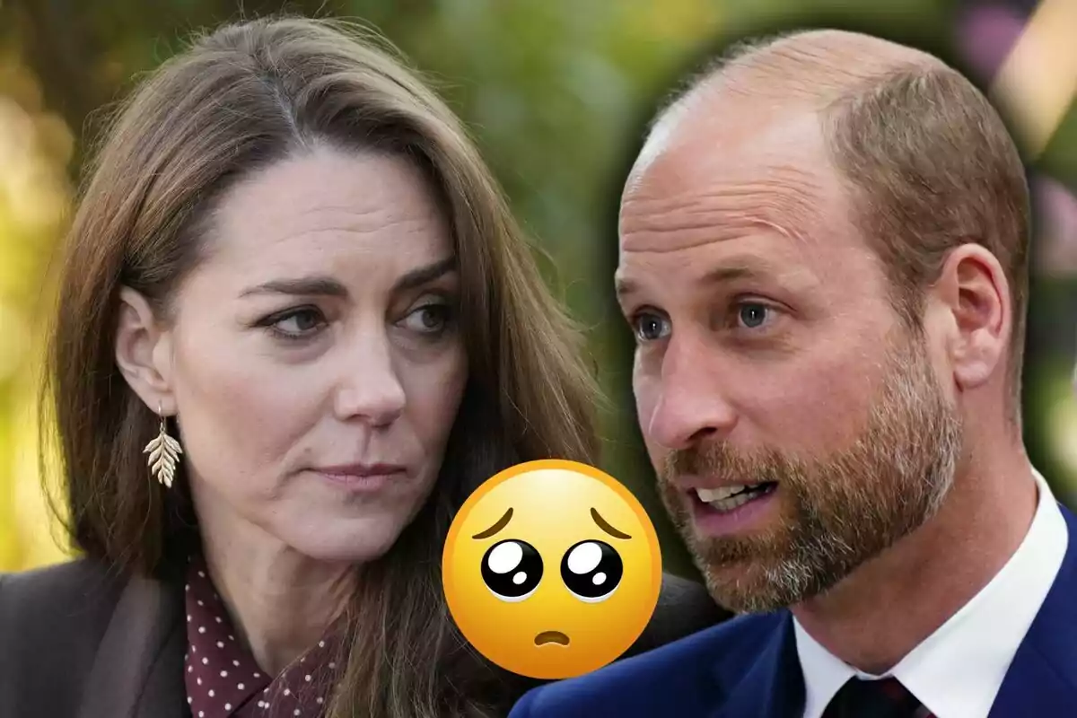 Una mujer y un hombre mirándose con expresiones serias y un emoji de carita triste en el centro