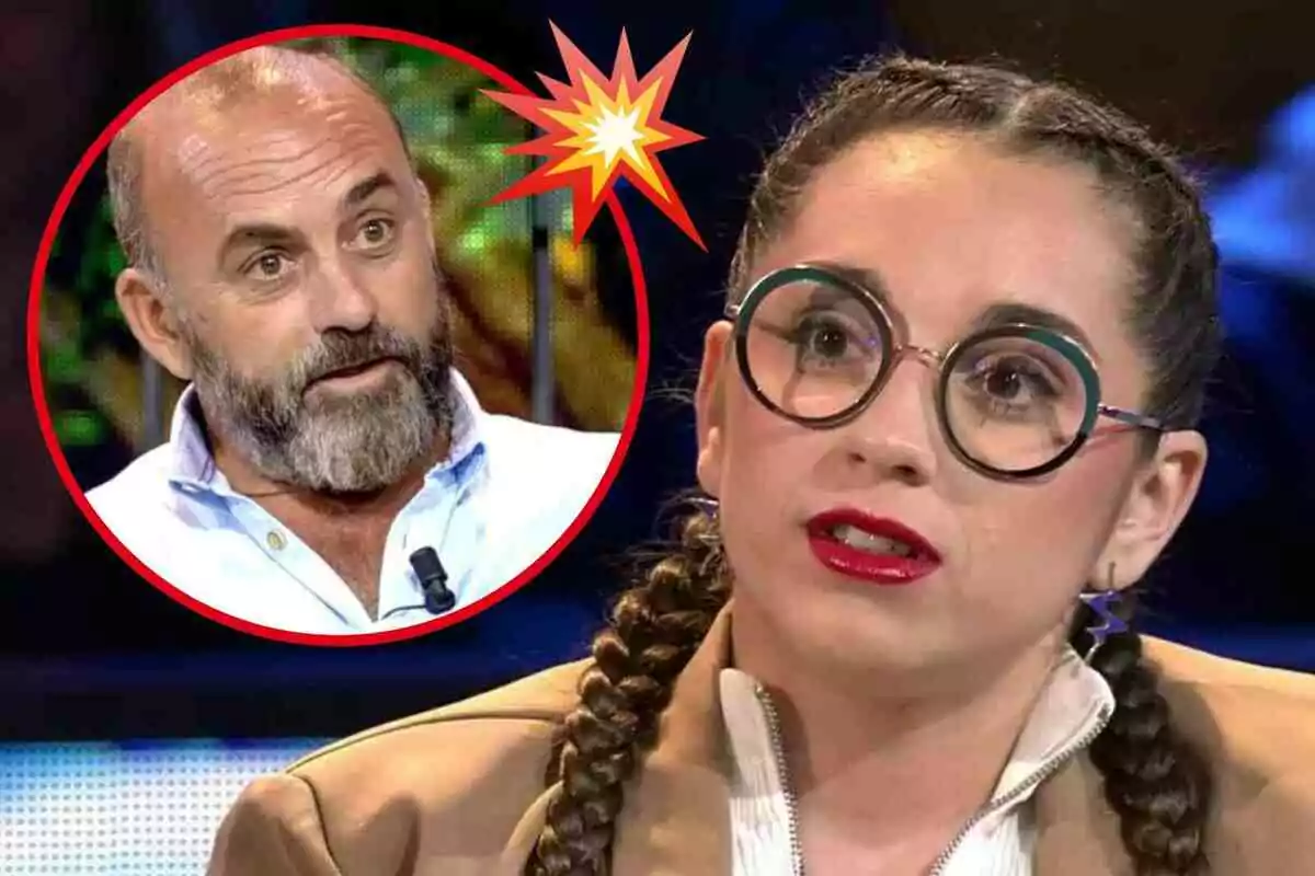 Miriam Corregüela habla mientras Ginés Corregüela aparece en un círculo rojo con un símbolo de explosión.