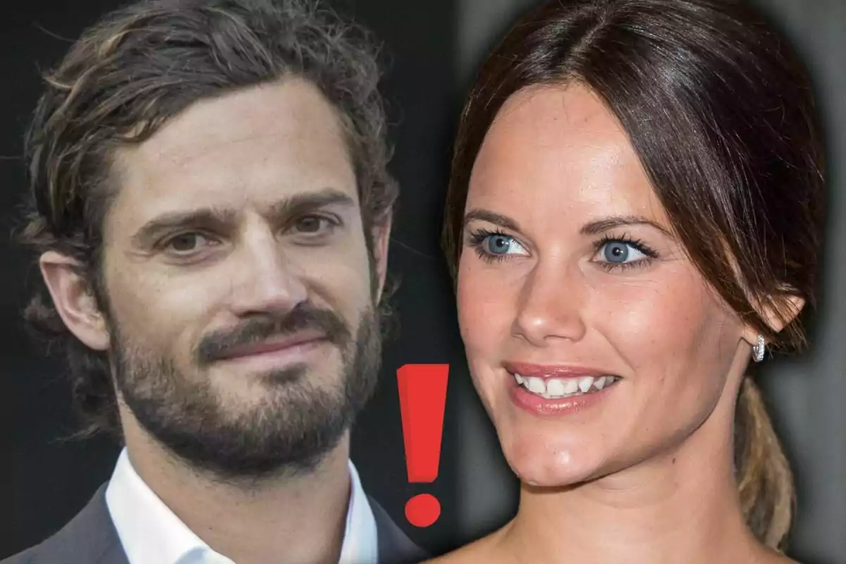 Dos personas sonrientes con un signo de exclamación rojo entre ellas.