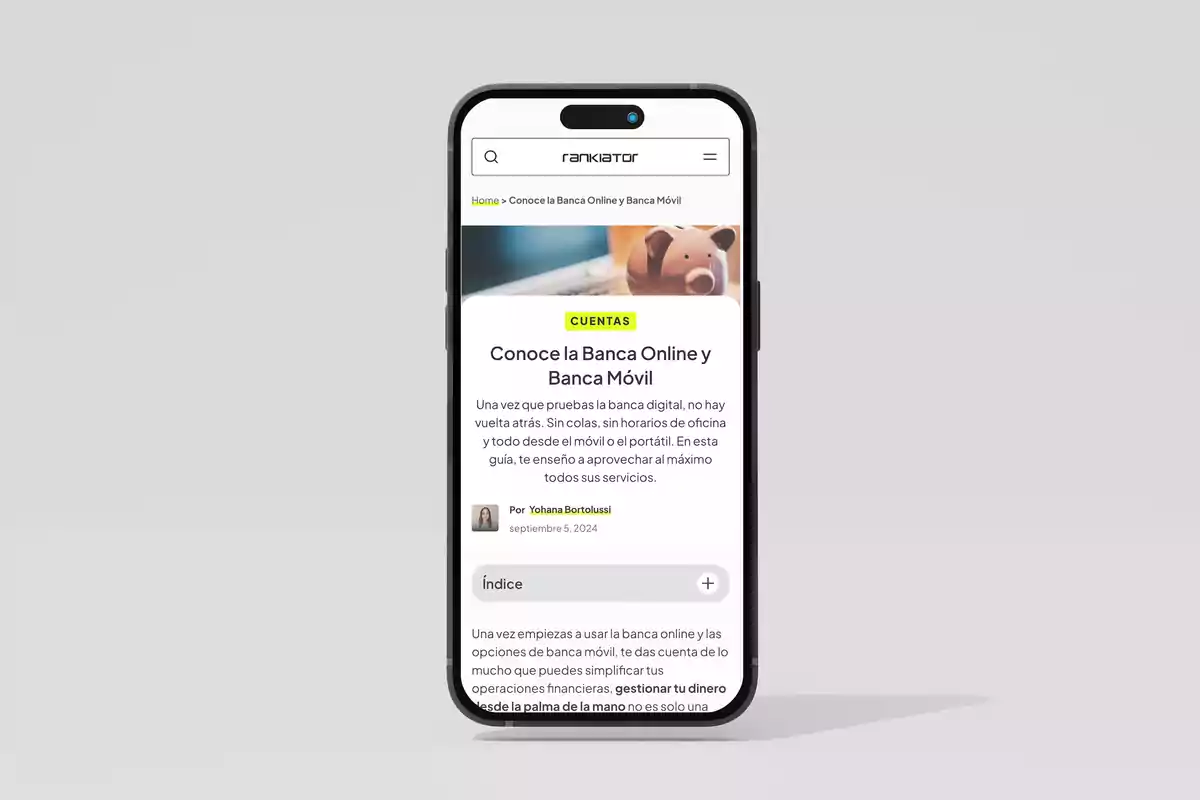 Teléfono móvil mostrando un artículo sobre banca online y banca móvil en un sitio web llamado RankiaTor.