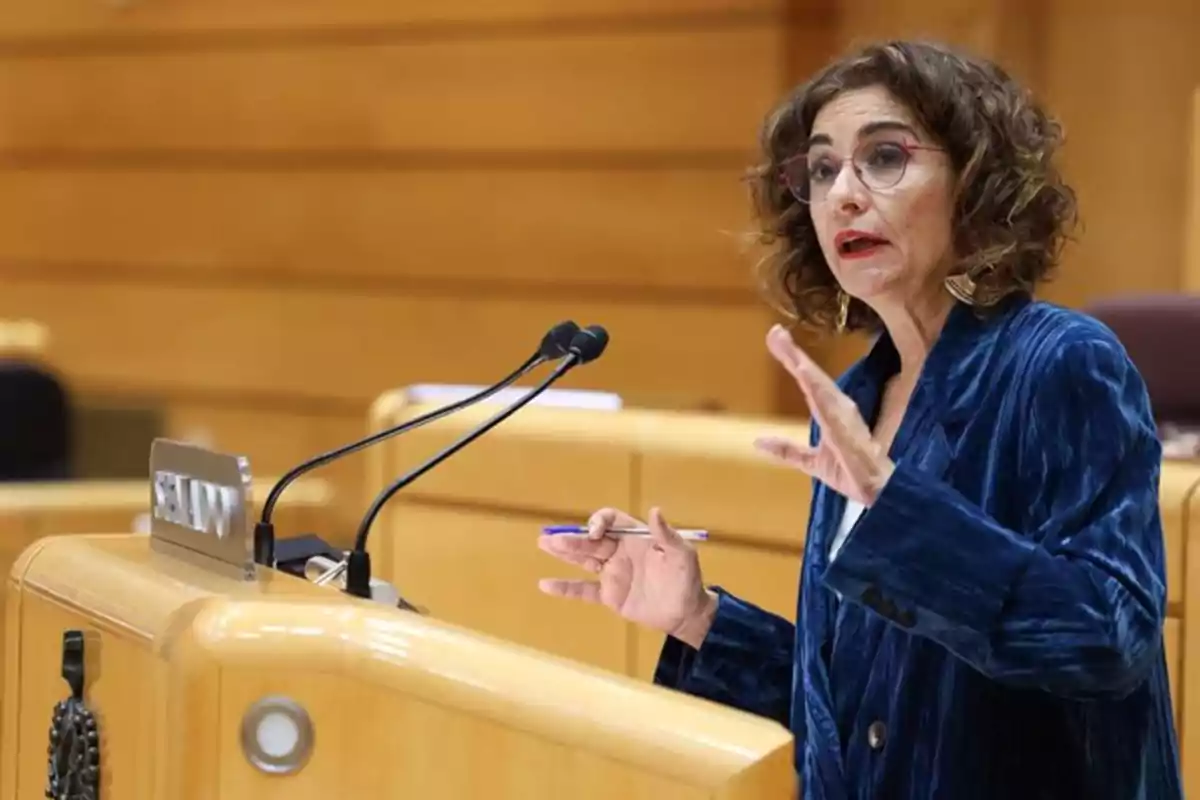 Mujer de cabello rizado y gafas hablando en un podio en un recinto parlamentario Mujer de cabello rizado y gafas hablando en un podio en un recinto parlamentario