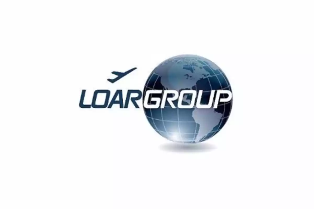 Logotipo de LOAR GROUP con un avión estilizado y un globo terráqueo.