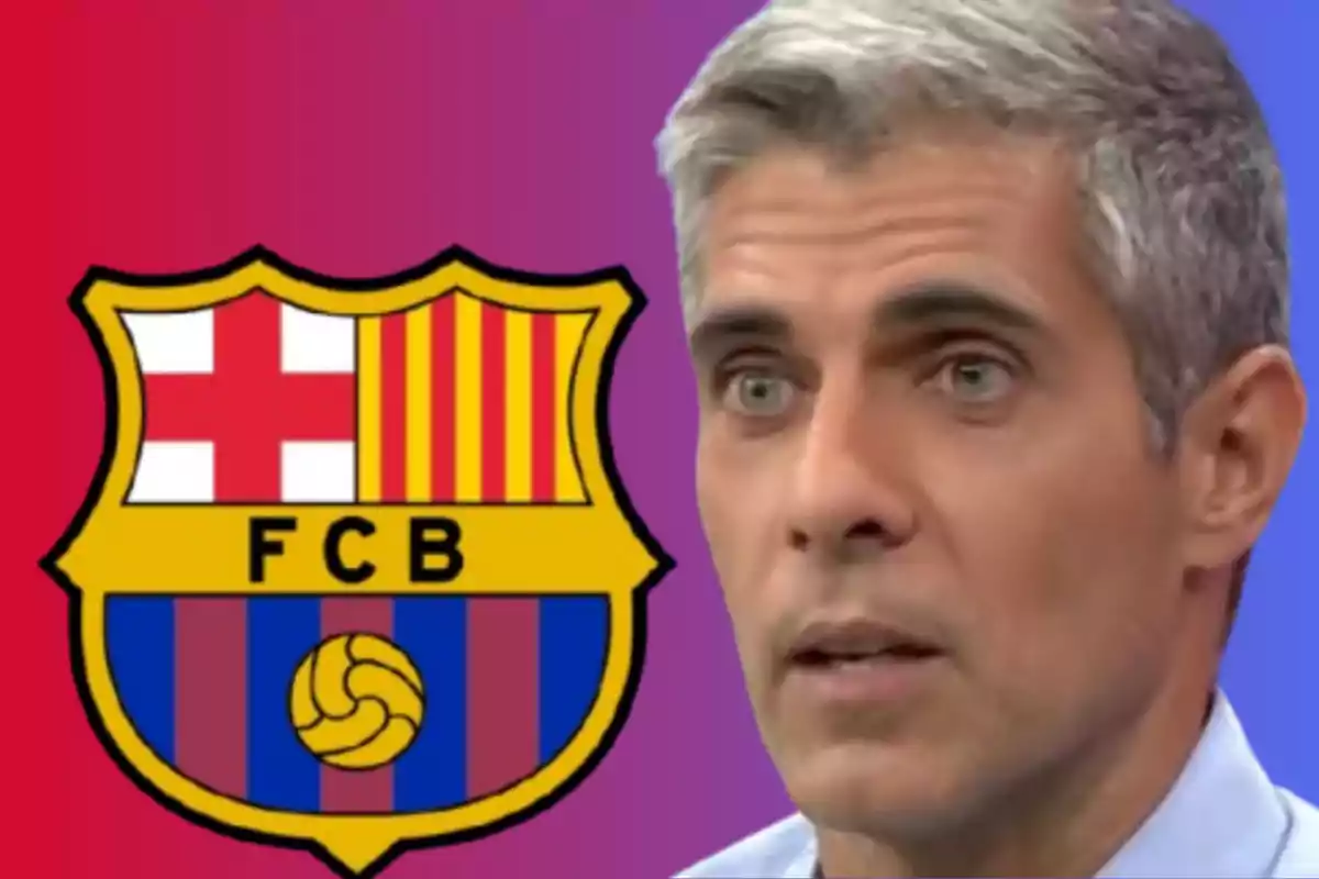 Hombre de cabello canoso junto al escudo del FC Barcelona sobre un fondo degradado.