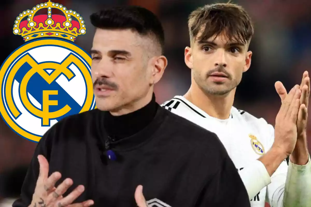 Dos personas en primer plano con el logo del Real Madrid al fondo.