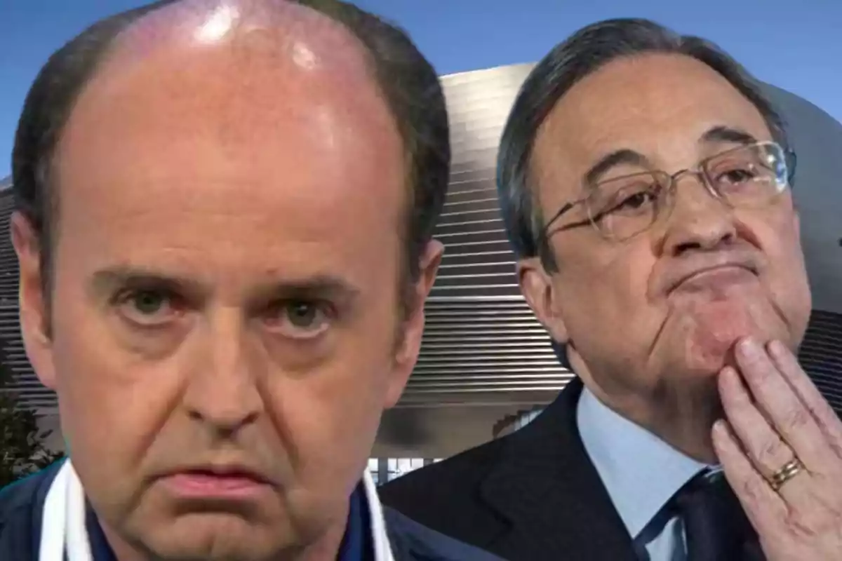 Juanma Rodríguez y Florentino Pérez frente al Santiago Bernabeu en un montaje