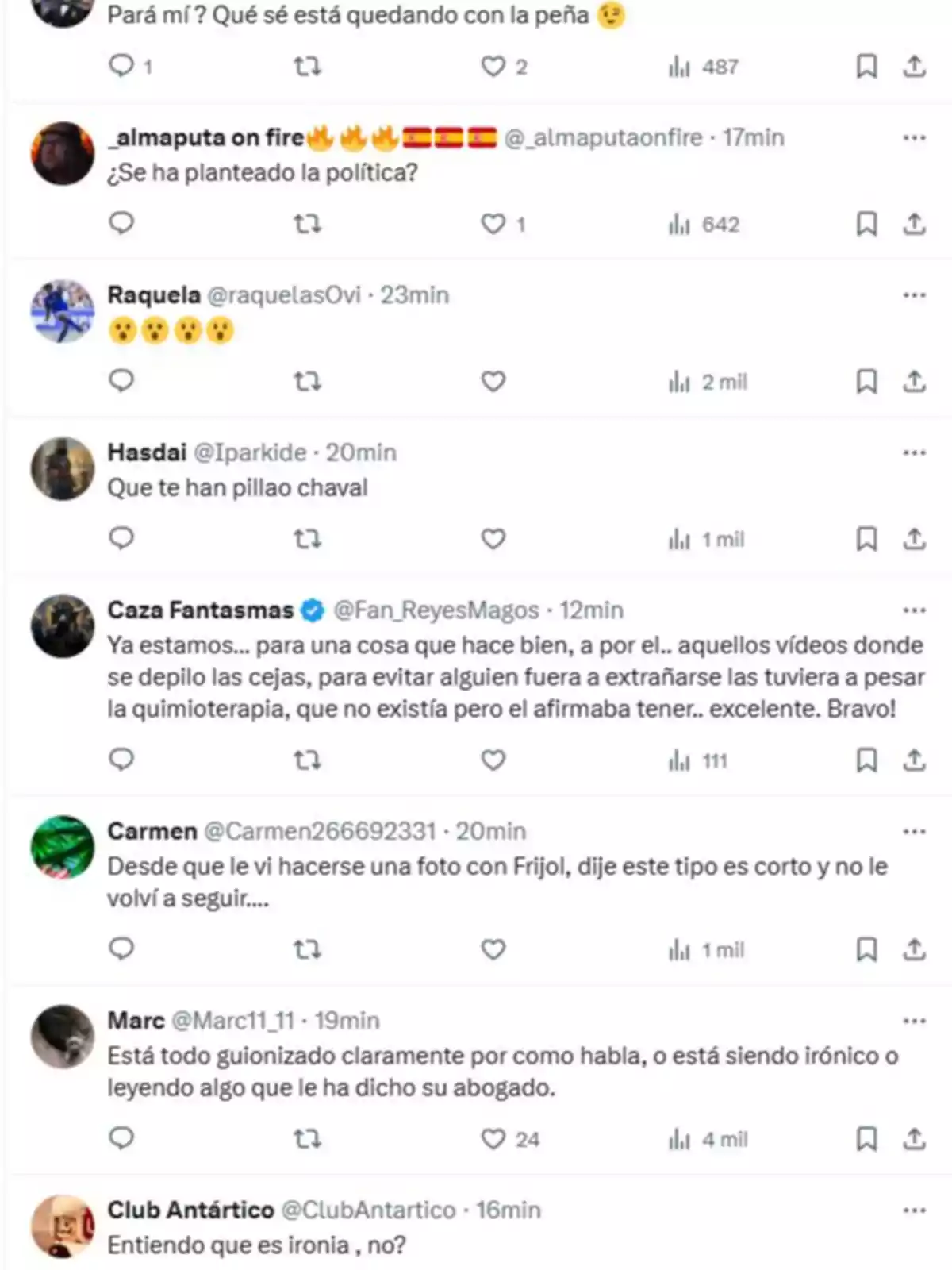 Una serie de comentarios en redes sociales discuten sobre una persona, mencionando temas como política, ironía y situaciones pasadas, con reacciones variadas de los usuarios. Una serie de comentarios en redes sociales discuten sobre una persona, mencionando temas como política, ironía y situaciones pasadas, con reacciones variadas de los usuarios.