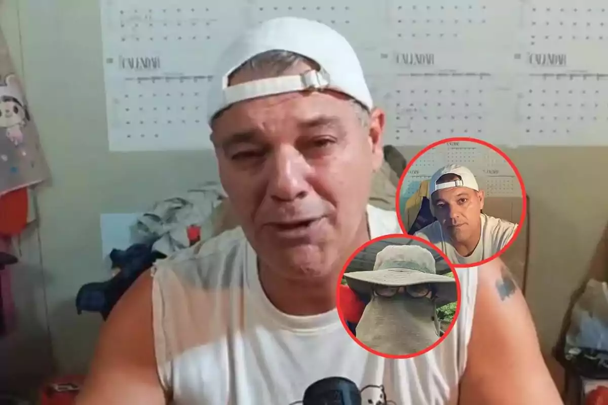 Un hombre con gorra blanca al revés aparece en primer plano, con dos imágenes circulares superpuestas que muestran a la misma persona en diferentes situaciones, una con la cara cubierta y otra con la misma gorra.