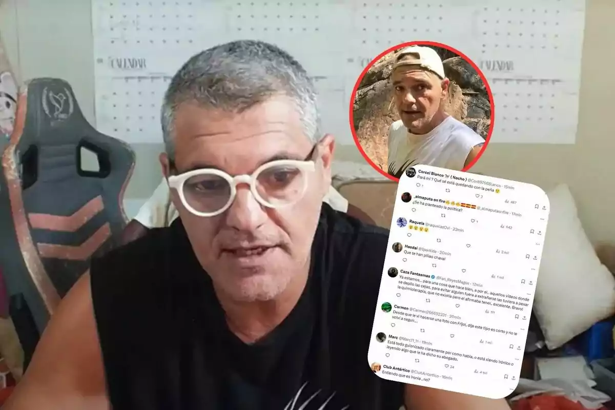 Un hombre con gafas blancas está sentado frente a un calendario, con una imagen insertada de él mismo al aire libre y una captura de pantalla de comentarios en redes sociales.
