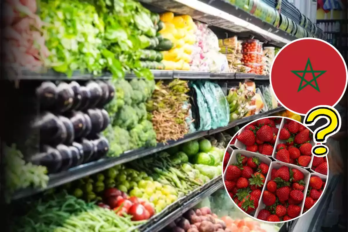 Una imagen de un pasillo de supermercado con frutas y verduras frescas en estantes y un círculo que muestra fresas y la bandera de Marruecos.