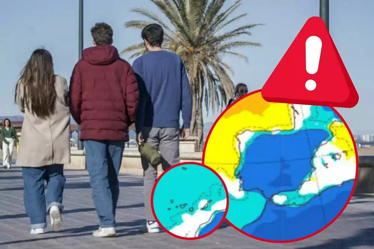 Un grupo de personas camina por un paseo marítimo con una palmera al fondo y un gráfico de colores con un signo de advertencia superpuesto en la esquina. Un grupo de personas camina por un paseo marítimo con una palmera al fondo y un gráfico de colores con un signo de advertencia superpuesto en la esquina.