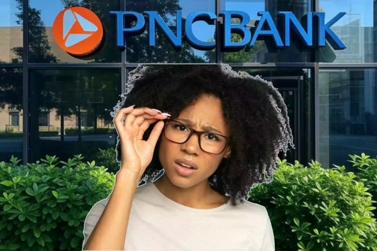 Una persona con expresión de confusión o sorpresa está frente a un edificio con el logotipo de PNC Bank. Una persona con expresión de confusión o sorpresa está frente a un edificio con el logotipo de PNC Bank.