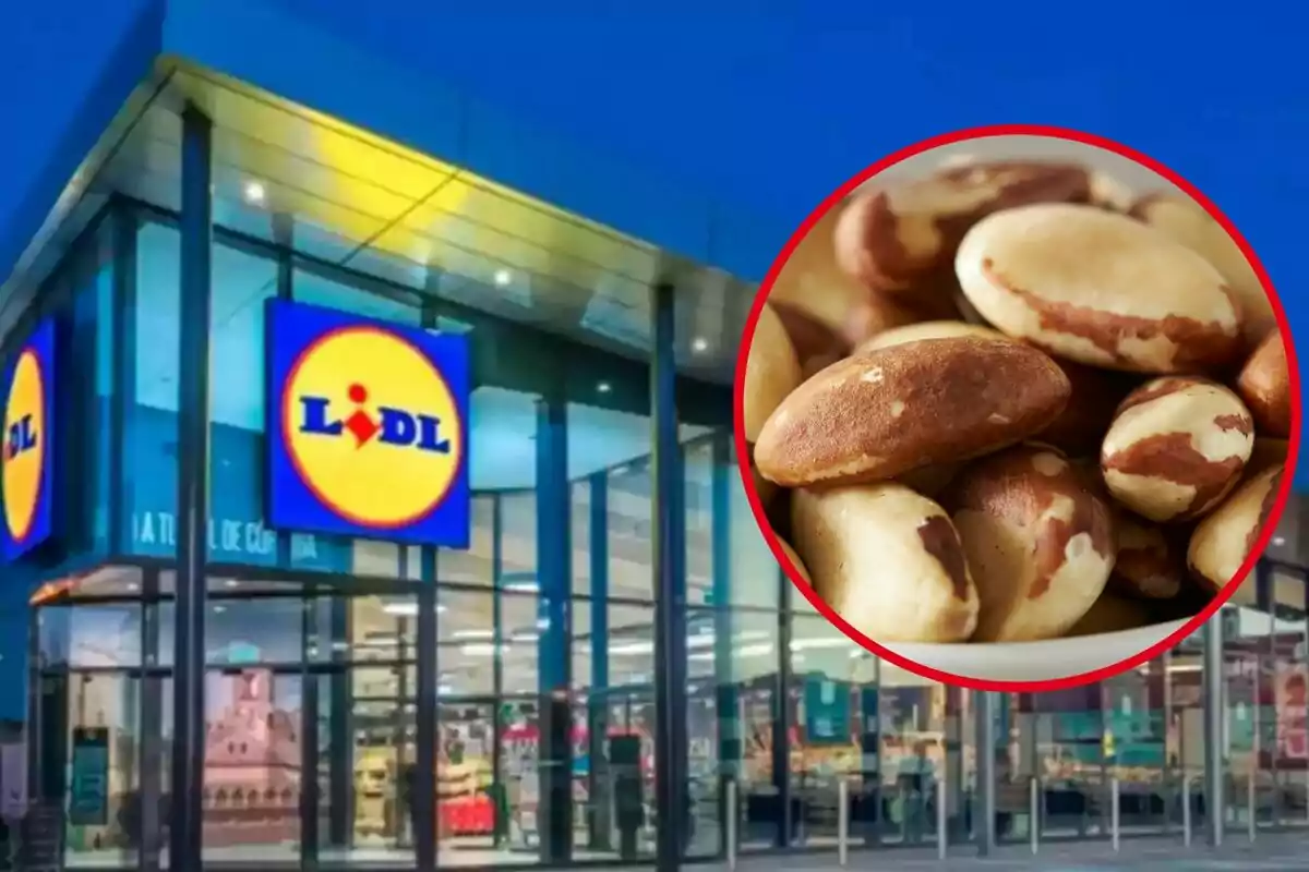 Fachada de una tienda Lidl con una imagen de nueces de Brasil en un círculo rojo.