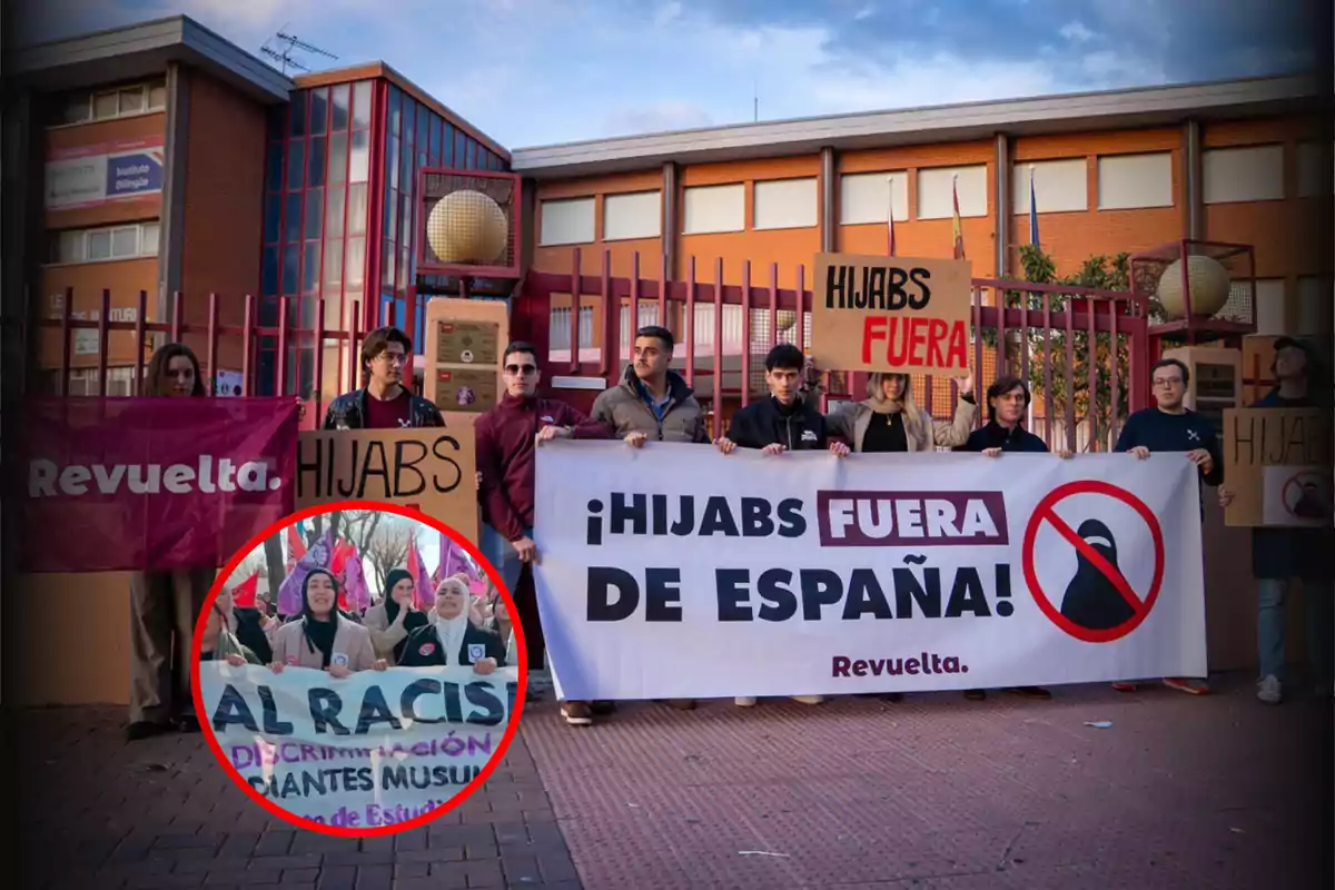 A group of people holds signs in front of a building, some of which express messages against the use of the hijab, while an inset in the image shows other people with a message against racism and discrimination toward Muslims.