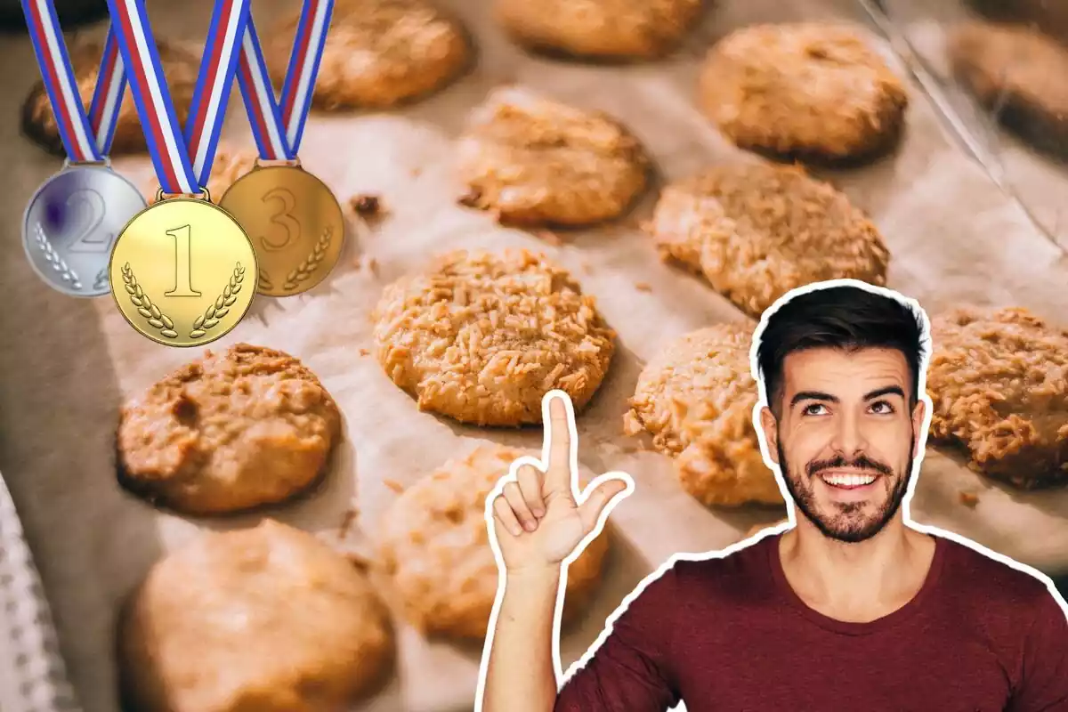 Imagen de unas galletas en una bandeja, junto a otra imagen de una persona señalando y sonriente y otra de unas medallas con los números uno, dos y tres