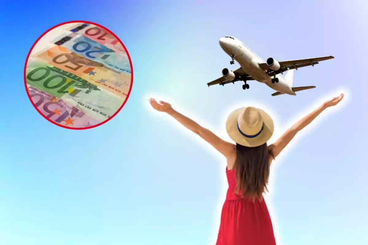 Mujer con sombrero y vestido rojo levantando los brazos hacia un avión en el cielo, con un círculo que muestra billetes de euro.