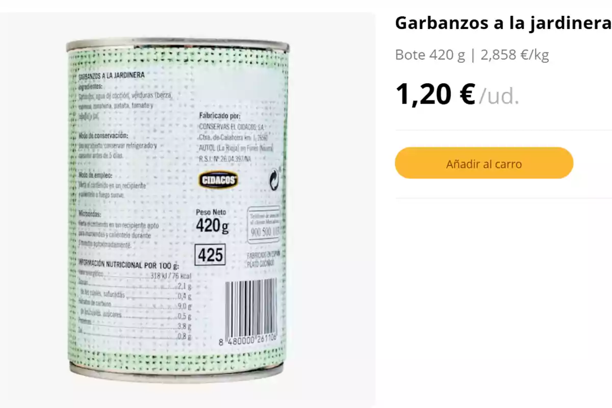 Lata de garbanzos a la jardinera de la marca Cidacos de 420 gramos con información nutricional y de ingredientes visible en la etiqueta, junto al precio de 1,20 euros y la opción de añadir al carrito en una tienda online. Lata de garbanzos a la jardinera de la marca Cidacos de 420 gramos con información nutricional y de ingredientes visible en la etiqueta, junto al precio de 1,20 euros y la opción de añadir al carrito en una tienda online.