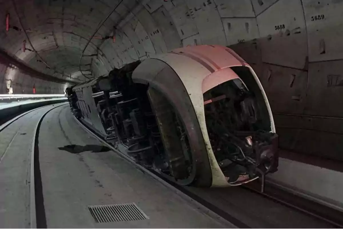 Un tren descarrilado y volcado de lado dentro de un túnel.