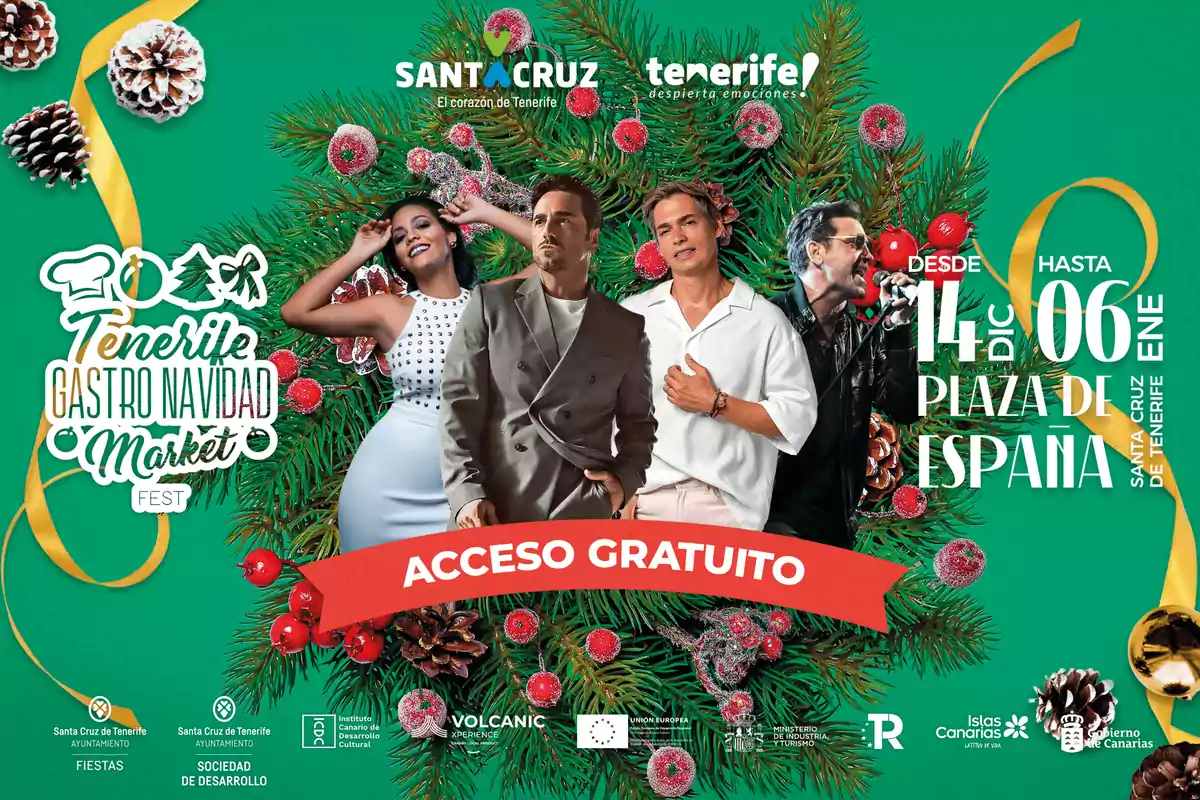 Cartel del Tenerife Gastro Navidad Market Fest con fondo verde decorado con piñas y ramas de pino, muestra a varias personas sonrientes y anuncia acceso gratuito al evento desde el 14 de diciembre hasta el 6 de enero en la Plaza de España, Santa Cruz de Tenerife.