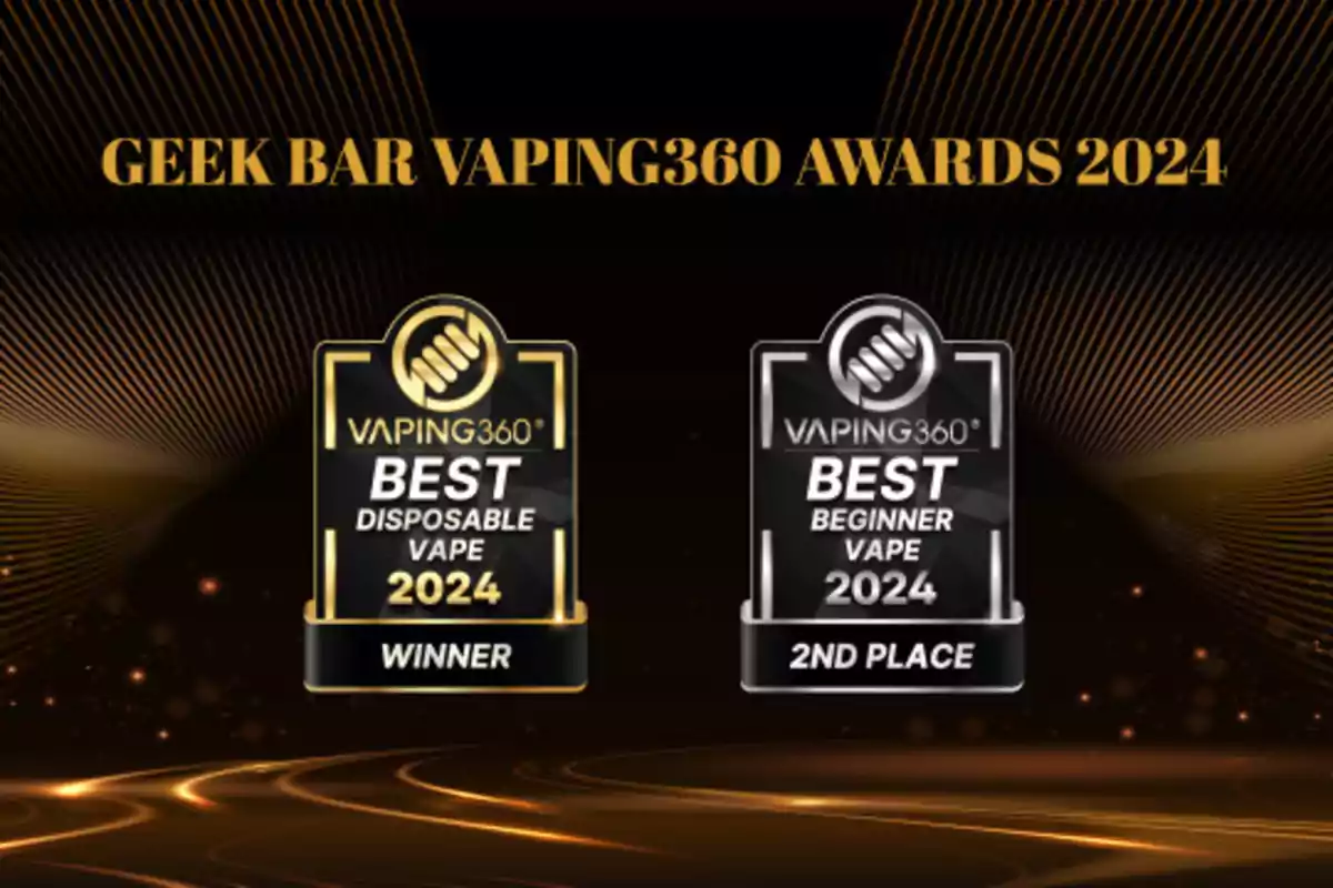 Premios Geek Bar Vaping360 2024 con dos placas, una para el mejor vape desechable 2024 y otra para el mejor vape para principiantes 2024.