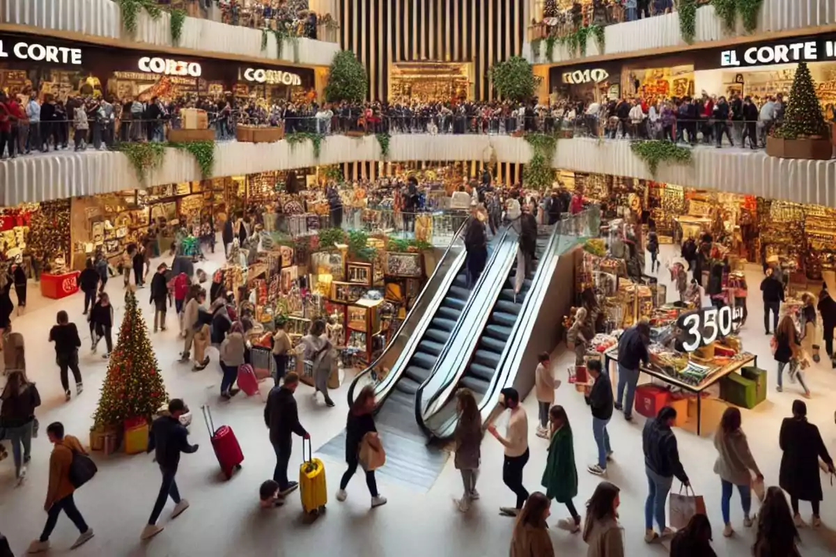 Una multitud de personas camina y compra en un centro comercial decorado con luces y árboles de Navidad, mientras otros suben y bajan por las escaleras mecánicas. Una multitud de personas camina y compra en un centro comercial decorado con luces y árboles de Navidad, mientras otros suben y bajan por las escaleras mecánicas.