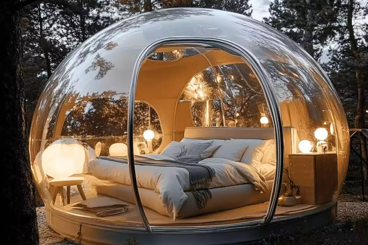 Una cúpula transparente en medio del bosque con una cama y lámparas en su interior, iluminada cálidamente.