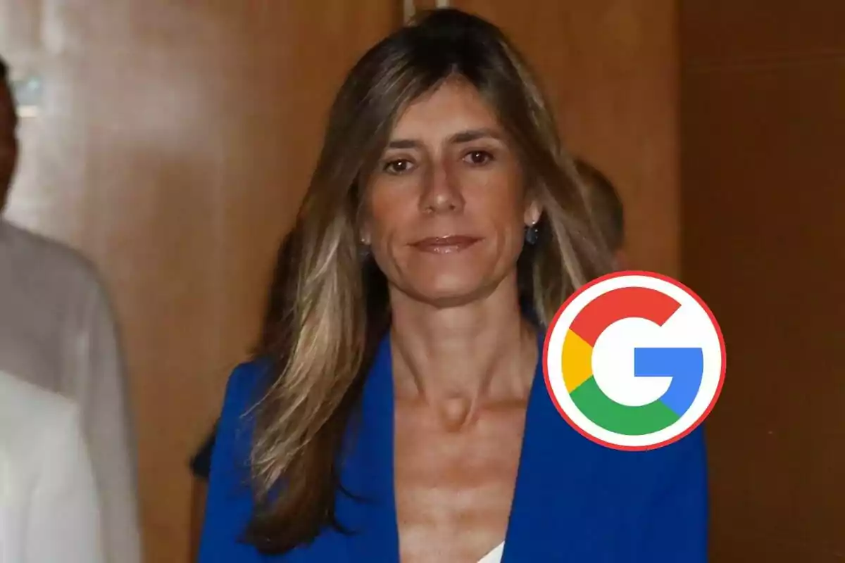 Mujer con cabello largo y rubio vistiendo un traje azul con un logotipo de Google superpuesto en la imagen.