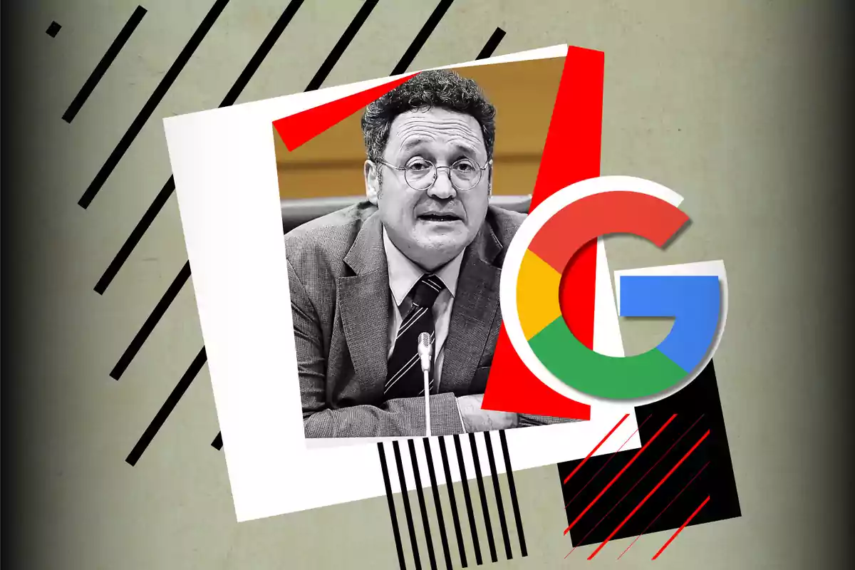 Un hombre con gafas y traje aparece en una imagen en blanco y negro con un diseño gráfico colorido y el logotipo de Google.