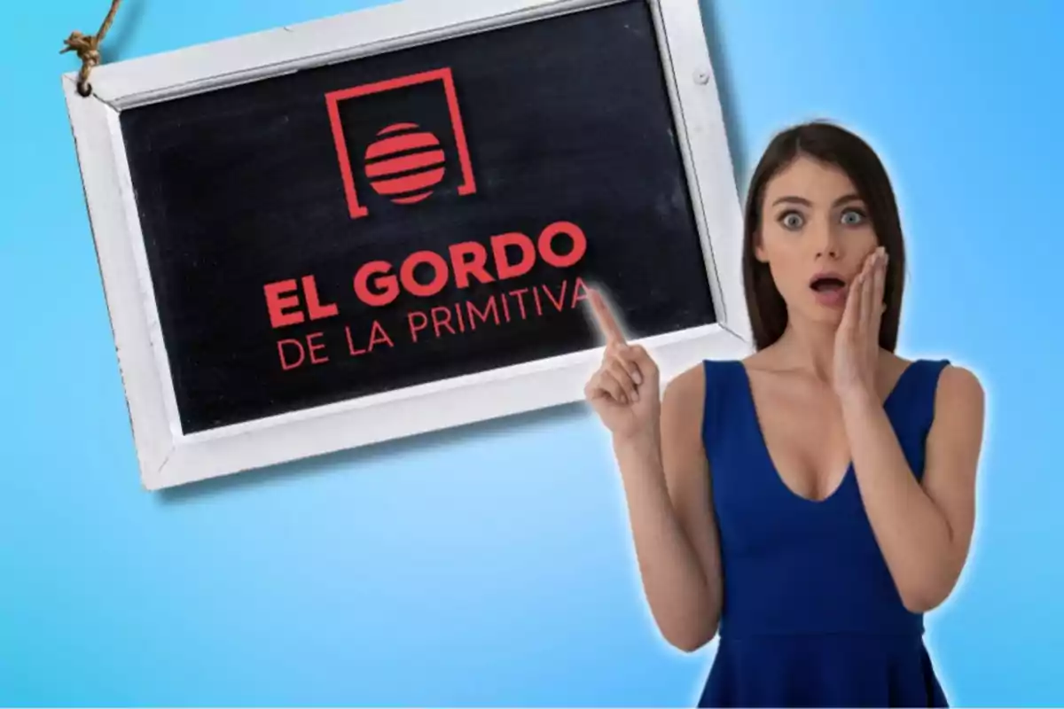 Mujer sorprendida señalando un cartel que dice "El Gordo de la Primitiva".