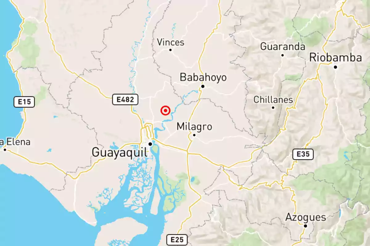 Mapa de una región de Ecuador que muestra ciudades como Guayaquil, Babahoyo, Milagro y Riobamba, con carreteras principales marcadas. Mapa de una región de Ecuador que muestra ciudades como Guayaquil, Babahoyo, Milagro y Riobamba, con carreteras principales marcadas.
