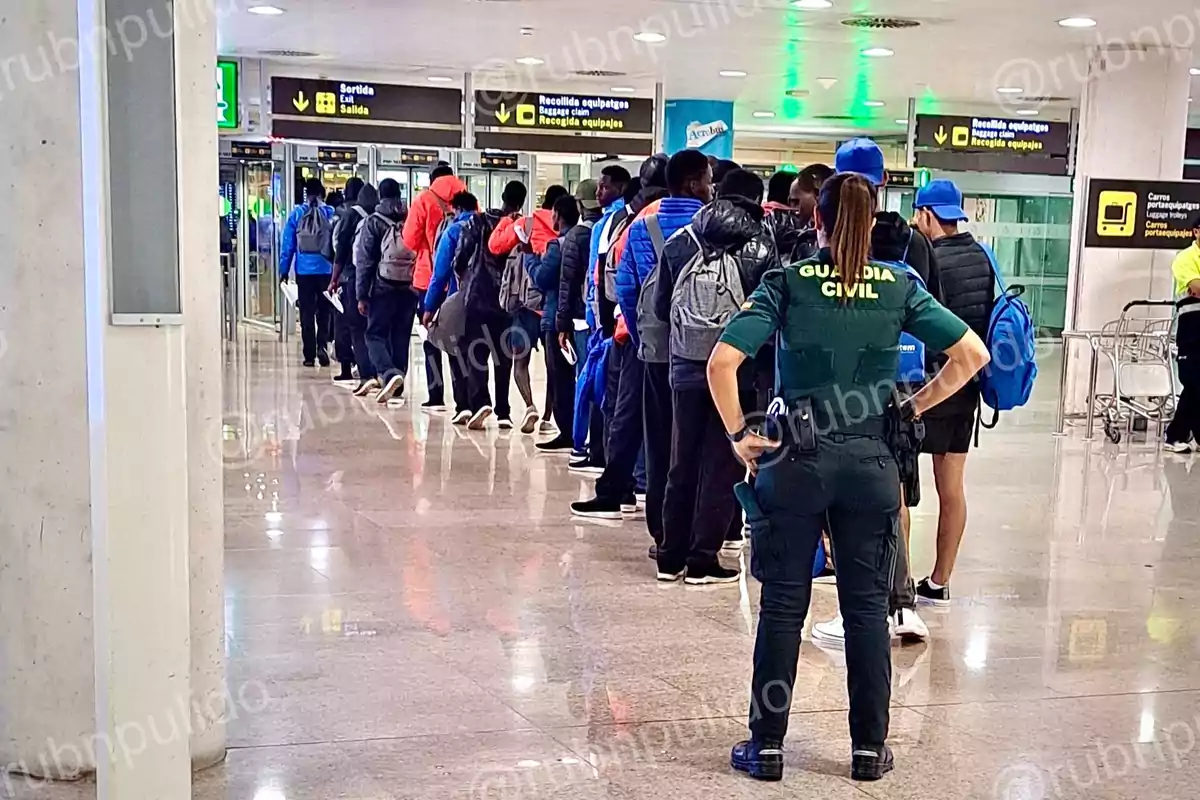 Un grupo de personas hace fila en un aeropuerto mientras una agente de la Guardia Civil observa. Un grupo de personas hace fila en un aeropuerto mientras una agente de la Guardia Civil observa.