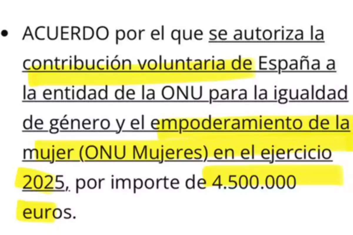 Acuerdo que autoriza la contribución voluntaria de España a ONU Mujeres para la igualdad de género y empoderamiento de la mujer en 2025, por 4.500.000 euros. Acuerdo que autoriza la contribución voluntaria de España a ONU Mujeres para la igualdad de género y empoderamiento de la mujer en 2025, por 4.500.000 euros.
