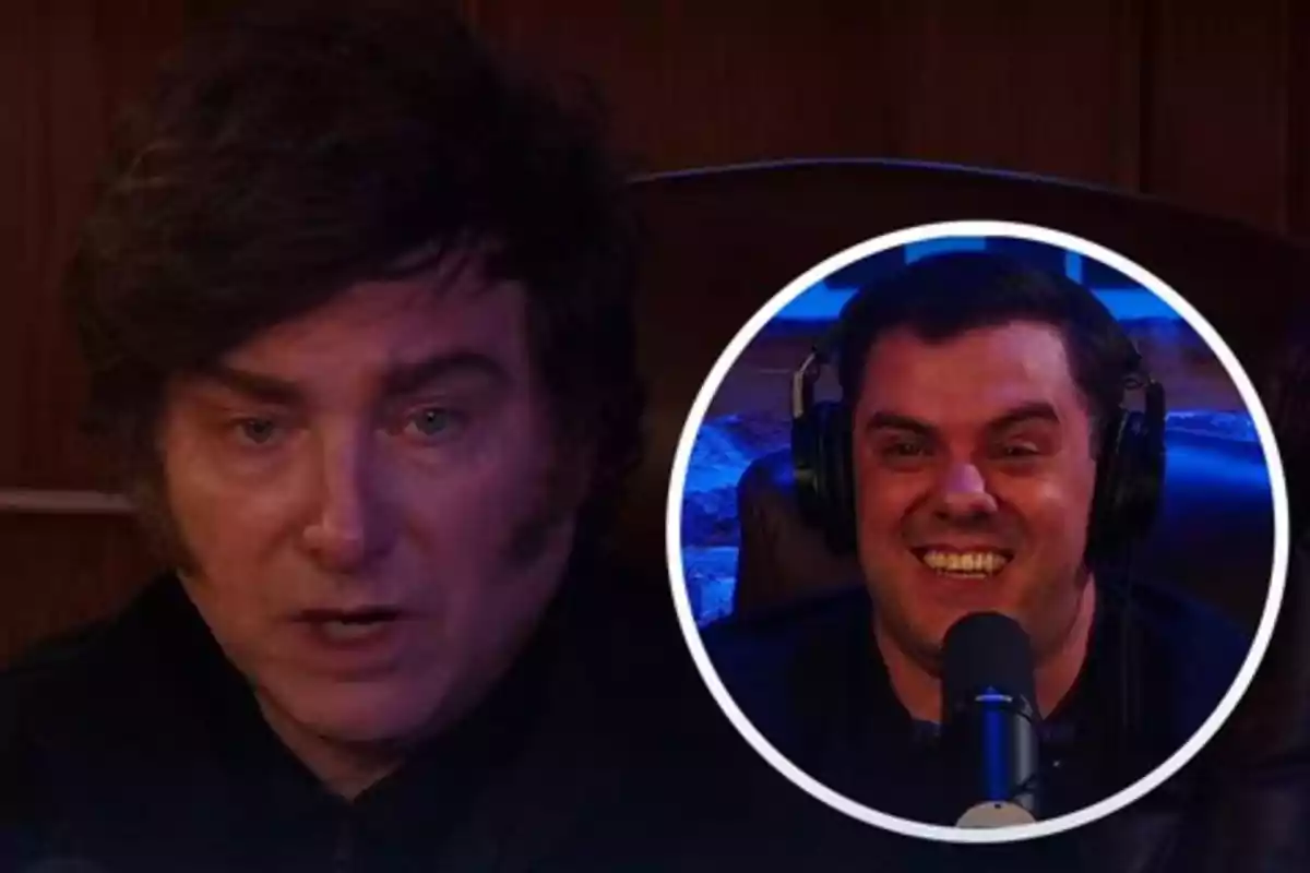 Dos personas en un estudio de grabación, una en primer plano con expresión seria y otra en un recuadro circular sonriendo y usando auriculares frente a un micrófono.