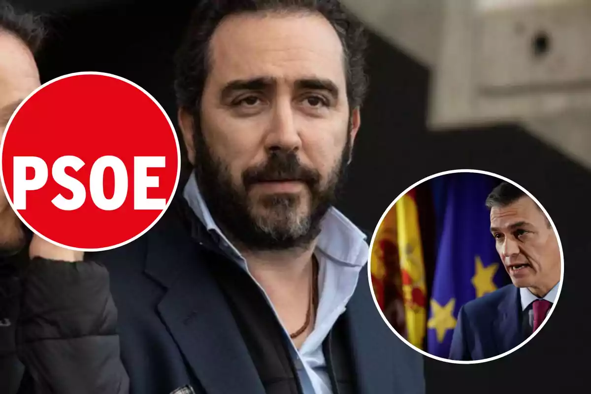 Hombre con barba y cabello oscuro en primer plano con un círculo rojo que contiene las letras PSOE y un círculo más pequeño con la imagen de otro hombre hablando frente a banderas.