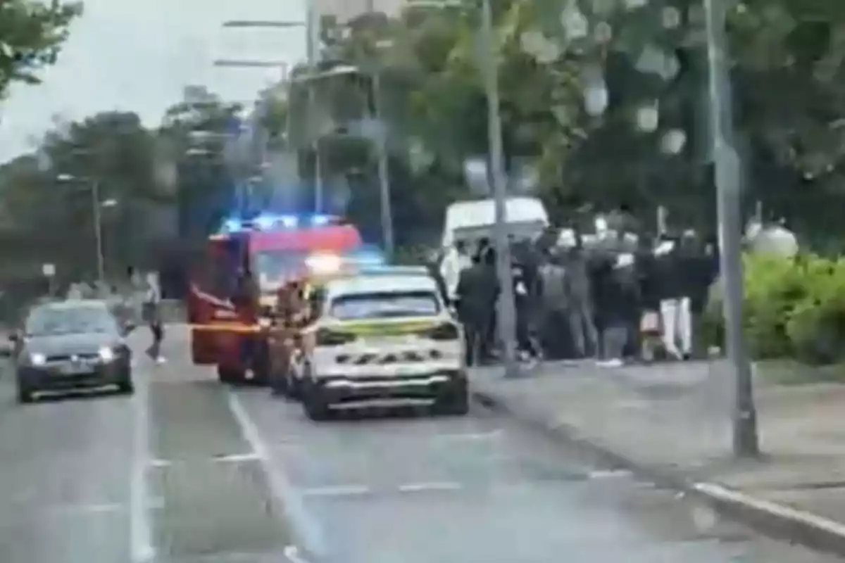 Una escena urbana muestra vehículos de emergencia con luces encendidas y un grupo de personas reunidas en la acera. Una escena urbana muestra vehículos de emergencia con luces encendidas y un grupo de personas reunidas en la acera.