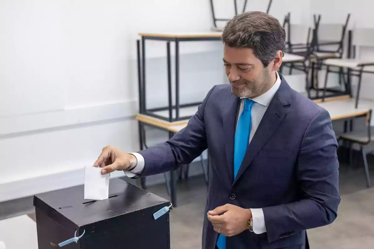 Hombre de traje azul depositando un sobre en una urna de votación en un aula con sillas apiladas. Hombre de traje azul depositando un sobre en una urna de votación en un aula con sillas apiladas.