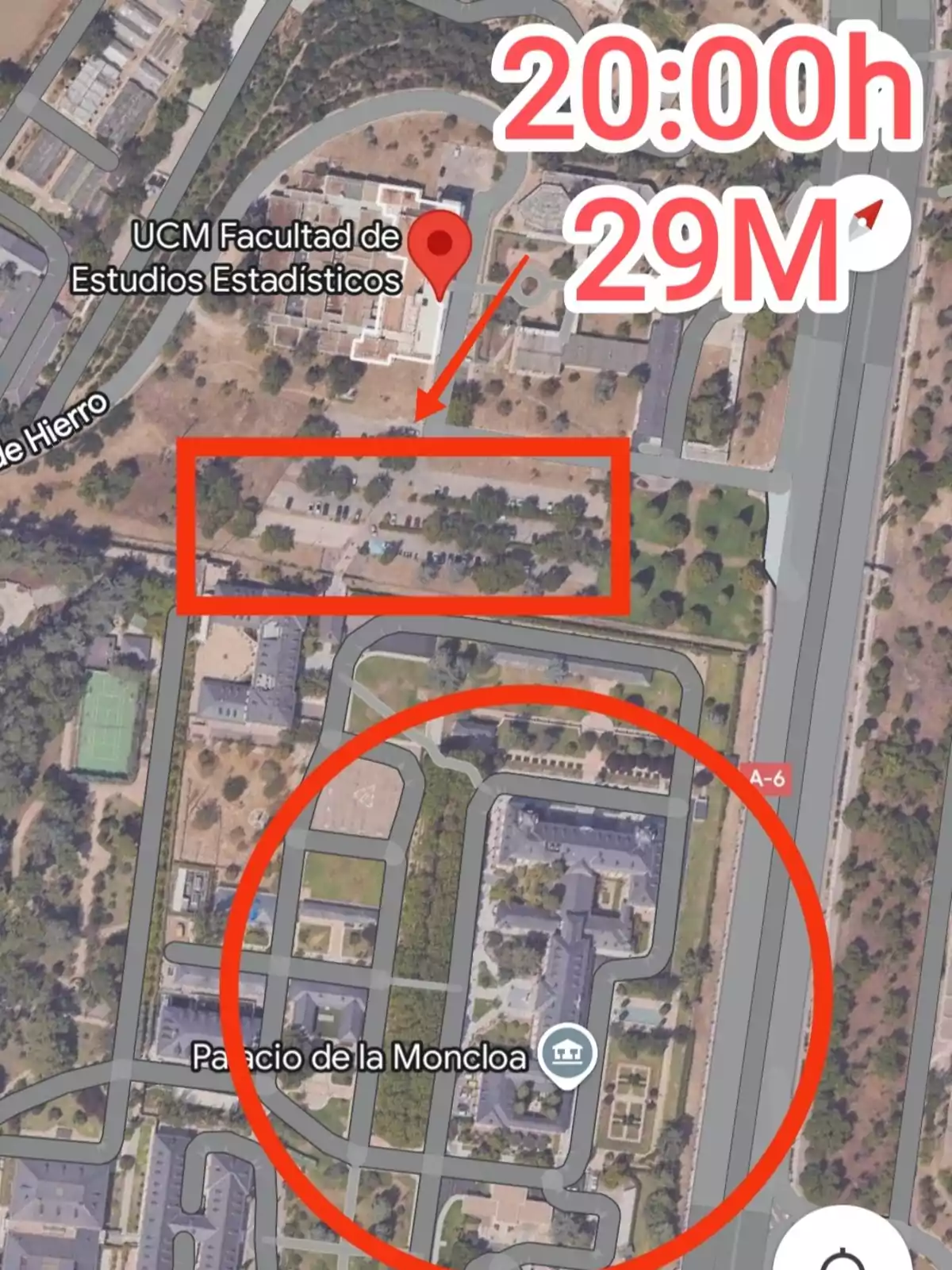 Mapa satelital de la zona de la Facultad de Estudios Estadísticos de la UCM y el Palacio de la Moncloa con marcas rojas y texto que indica 20:00h 29M Mapa satelital de la zona de la Facultad de Estudios Estadísticos de la UCM y el Palacio de la Moncloa con marcas rojas y texto que indica 20:00h 29M
