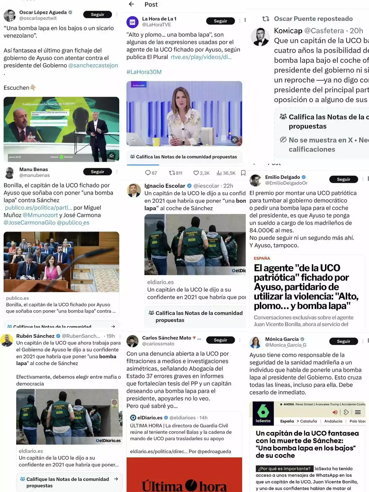 Captura de pantalla que muestra varios tuits y publicaciones de diferentes usuarios y medios de comunicación comentando la noticia sobre un capitán de la UCO fichado por el gobierno de Ayuso, quien supuestamente habló de poner una Captura de pantalla que muestra varios tuits y publicaciones de diferentes usuarios y medios de comunicación comentando la noticia sobre un capitán de la UCO fichado por el gobierno de Ayuso, quien supuestamente habló de poner una
