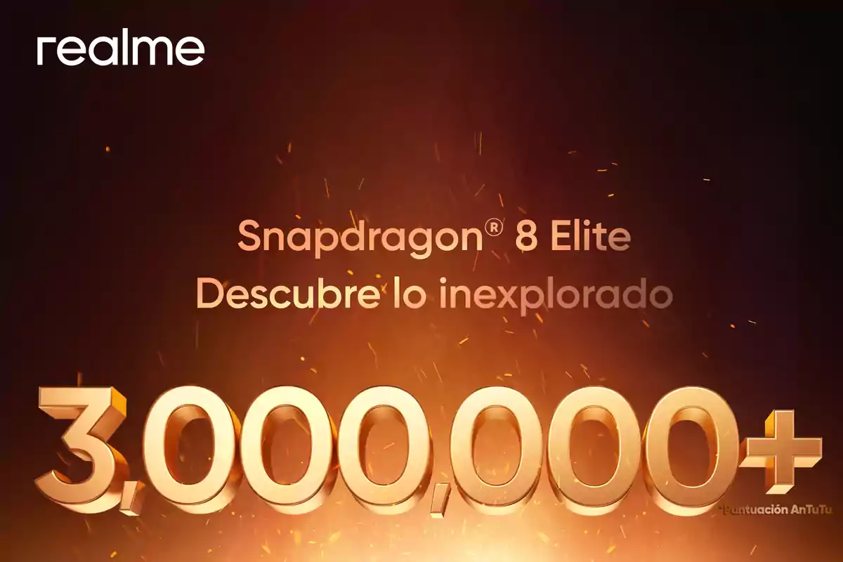 Imagen promocional de Realme destacando el procesador Snapdragon 8 Elite con una puntuación AnTuTu superior a 3,000,000.