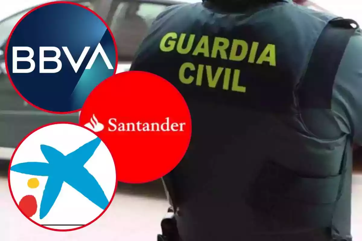 Un agente de la Guardia Civil con logos de BBVA, Santander y CaixaBank superpuestos.