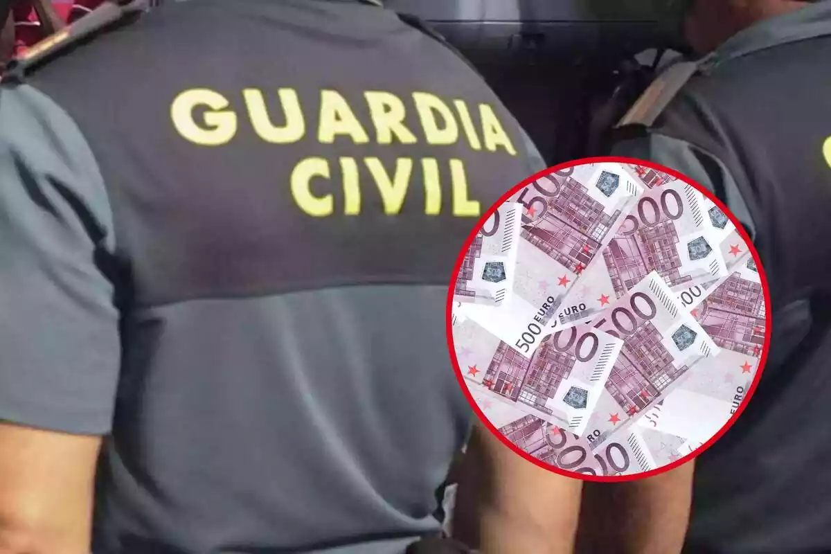 Montaje de la Guardia Civil y una redonda con billetes de 500 euros