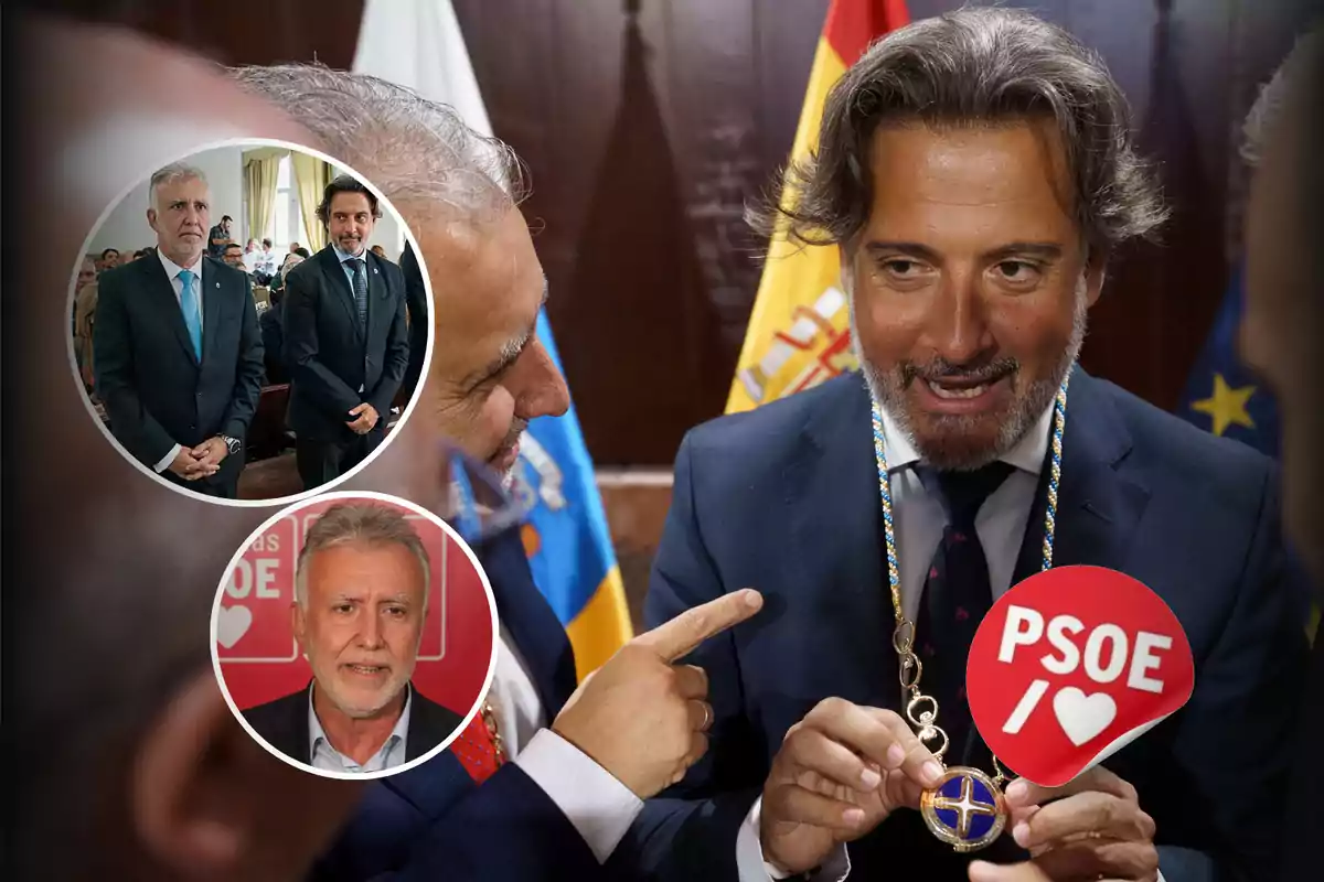 Un hombre con traje sostiene una medalla mientras conversa con otra persona; en la imagen también aparecen dos recuadros circulares mostrando a hombres en eventos formales, uno de ellos con un fondo del PSOE.