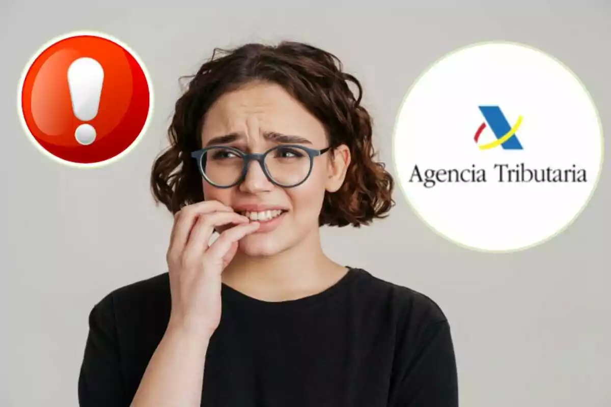 Woman with a worried expression biting her nails, next to a warning icon and the logo of the Tax Agency.