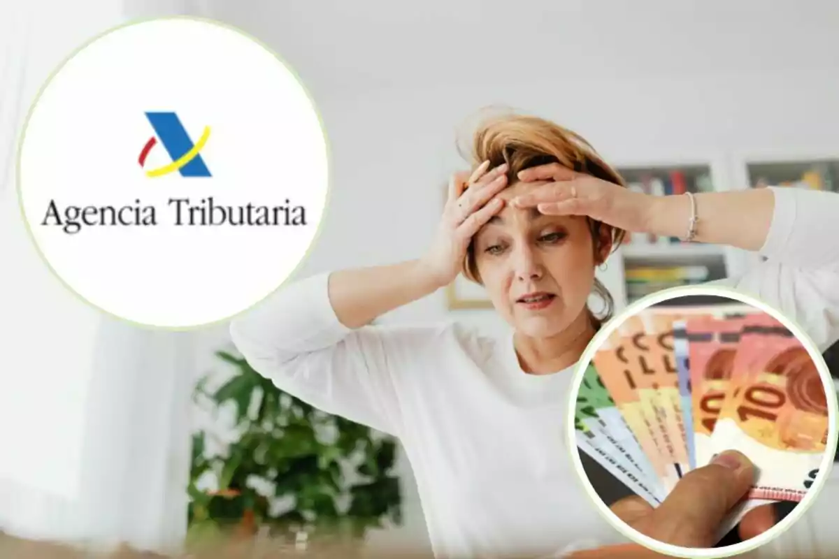 Woman with a worried expression touches her head, next to a Tax Agency logo and an image of euro bills.