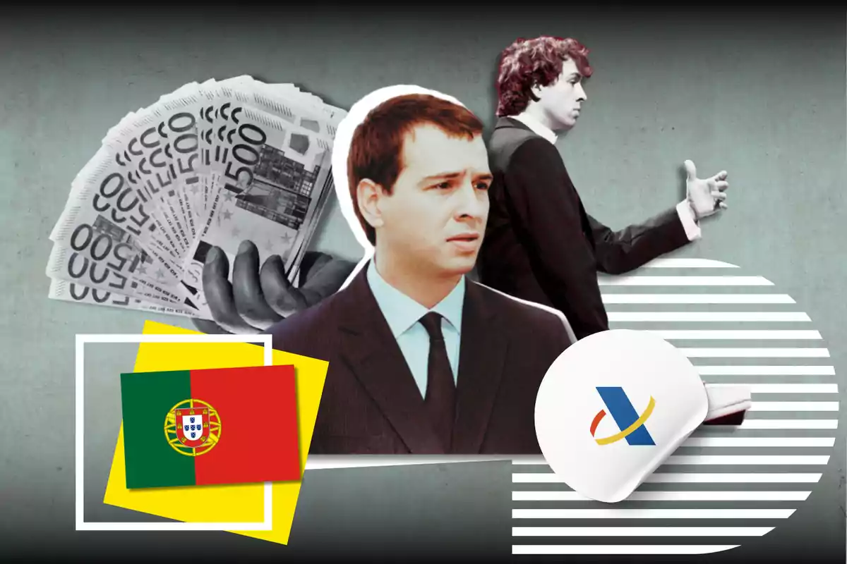 Hombre en traje con billetes de euro, bandera de Portugal y logotipo de una agencia tributaria.