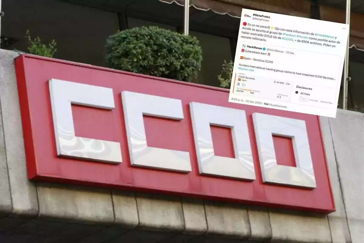 Un cartel grande con las letras "CCOO" en un edificio, con una captura de pantalla de un tuit sobre un posible ataque cibernético superpuesta en la esquina superior derecha.