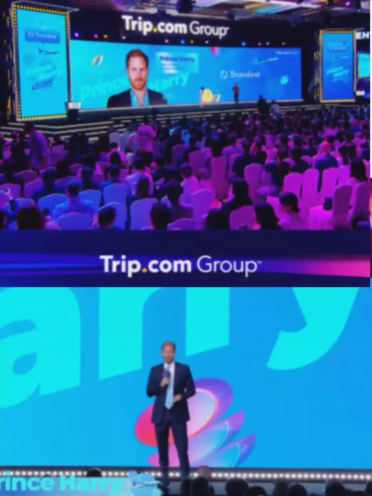 Un hombre de traje hablando en un escenario frente a una audiencia numerosa, con una gran pantalla azul de fondo que muestra el logo de Trip.com Group y su nombre. Un hombre de traje hablando en un escenario frente a una audiencia numerosa, con una gran pantalla azul de fondo que muestra el logo de Trip.com Group y su nombre.