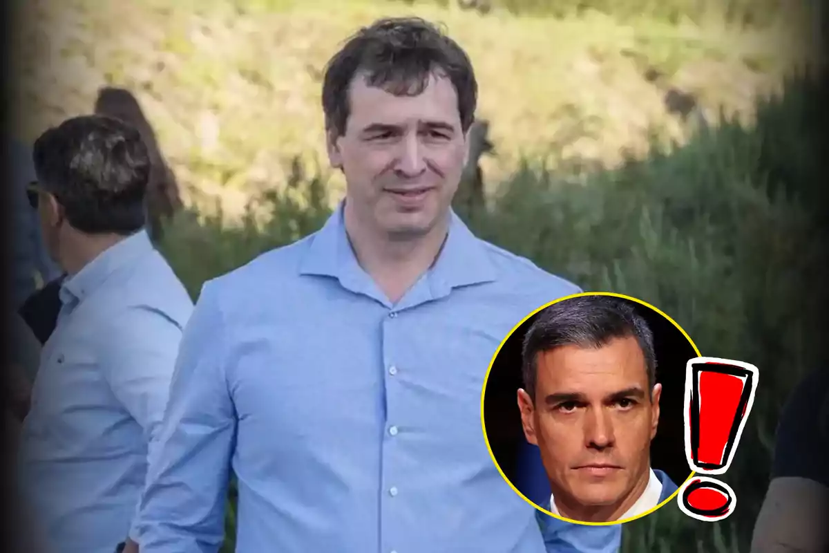 Un hombre con camisa azul está al aire libre, con un recuadro que muestra a otra persona con un signo de exclamación rojo.